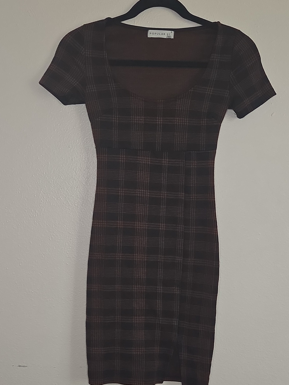 Popular21 Dark Brown Plaid Scoop Neck Mini Dress